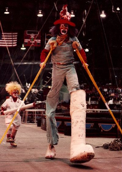 Mike Weakley as Hillbilly the clown - stilt walker for Ringling Bros. Circus